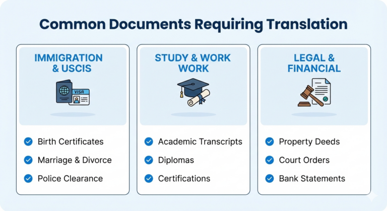 Checklist of documents for USCIS translation including birth certificates and transcripts.